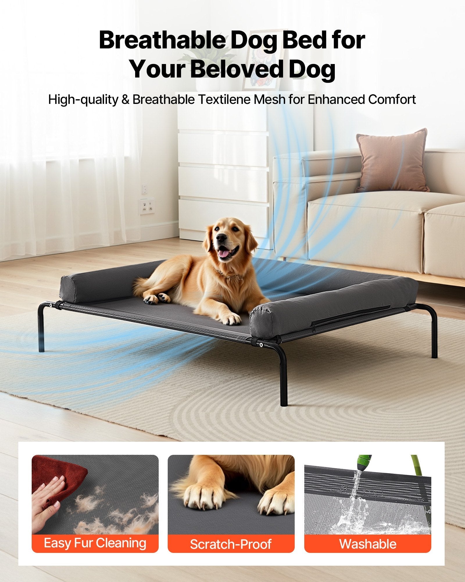 KFX-6083005 Elevated Dog Bed for Large Dogs with Supportive Pillow, Portable Raised Cot in Gray