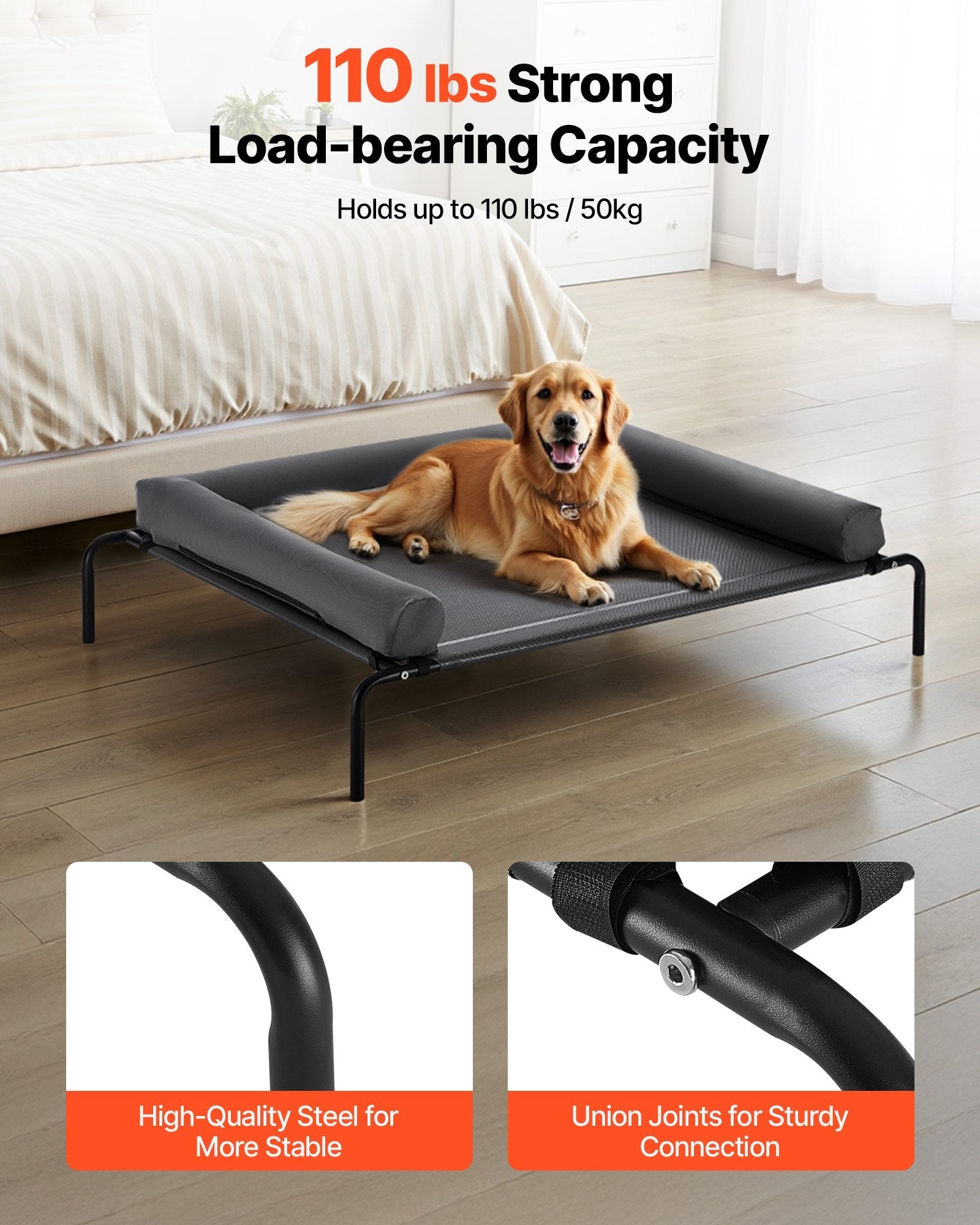 KFX-6083005 Elevated Dog Bed for Large Dogs with Supportive Pillow, Portable Raised Cot in Gray