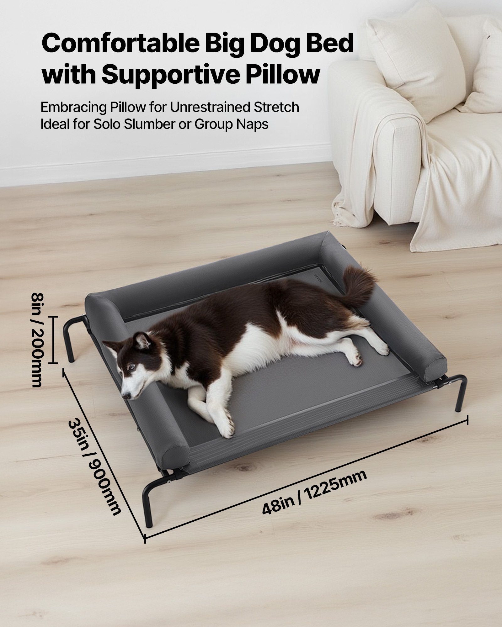 KFX-6083005 Elevated Dog Bed for Large Dogs with Supportive Pillow, Portable Raised Cot in Gray