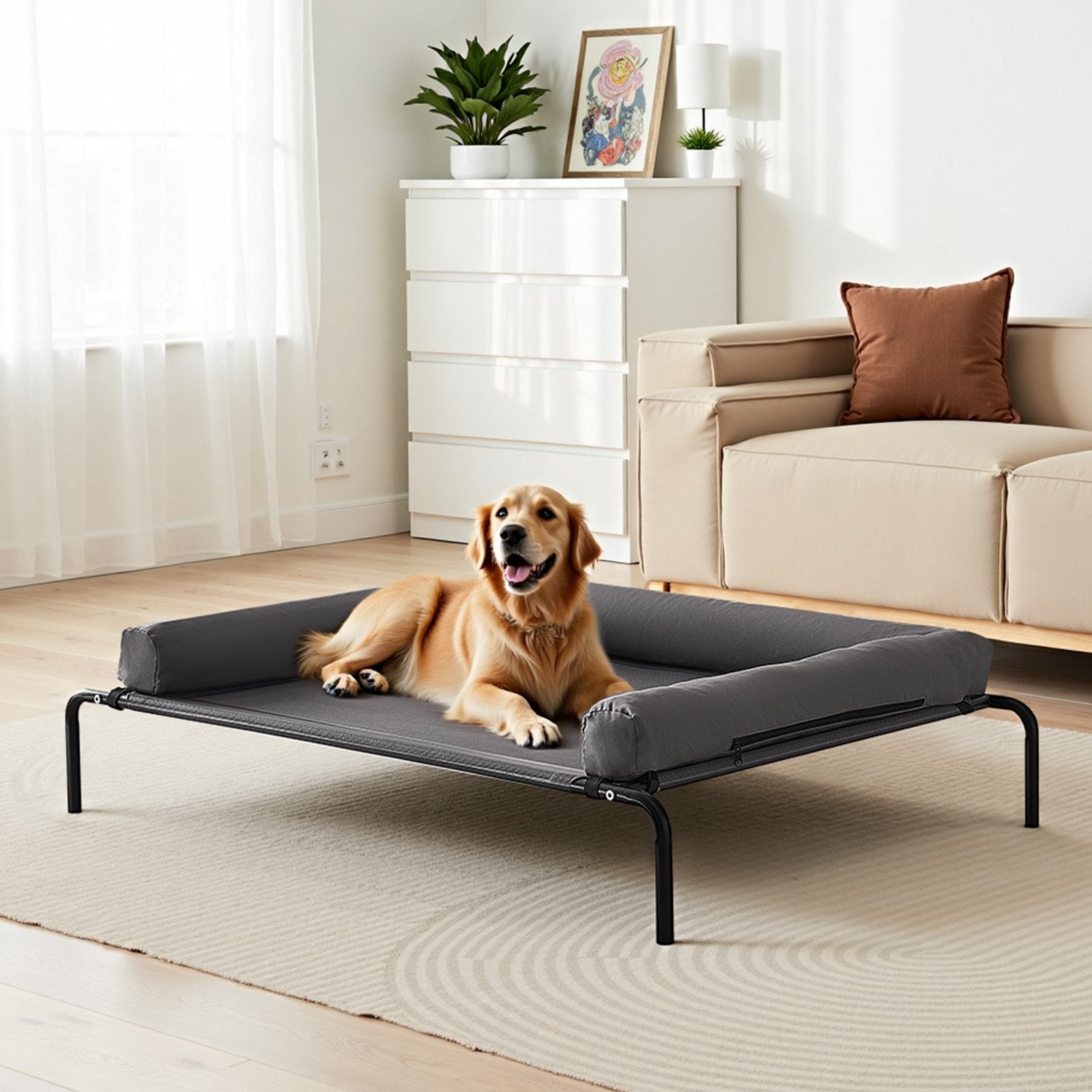 KFX-6083005 Elevated Dog Bed for Large Dogs with Supportive Pillow, Portable Raised Cot in Gray