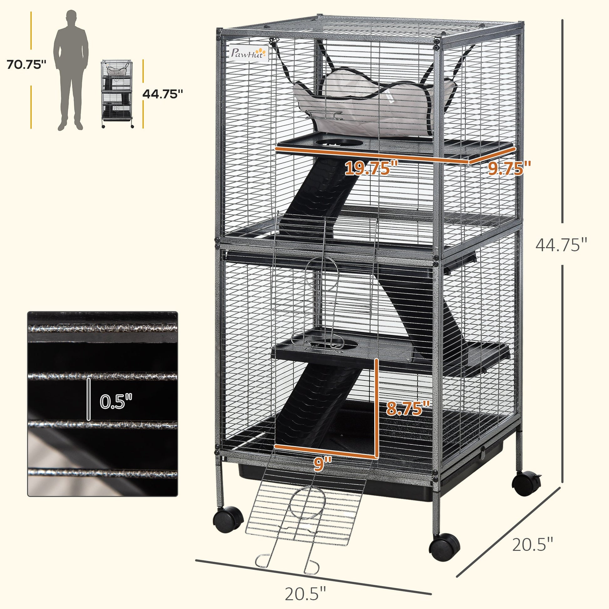 KFX-6087997 Spacious Rolling Small Animal Cage with Multiple Tiers and Hammocks
