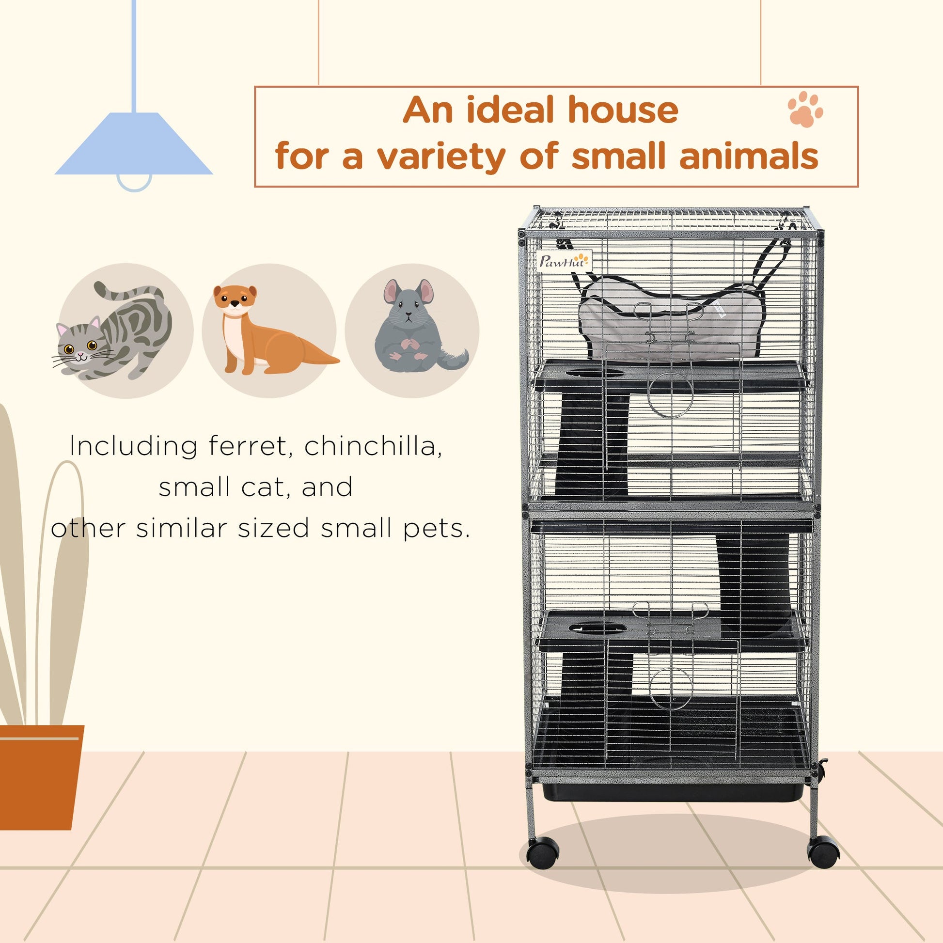 KFX-6087997 Spacious Rolling Small Animal Cage with Multiple Tiers and Hammocks