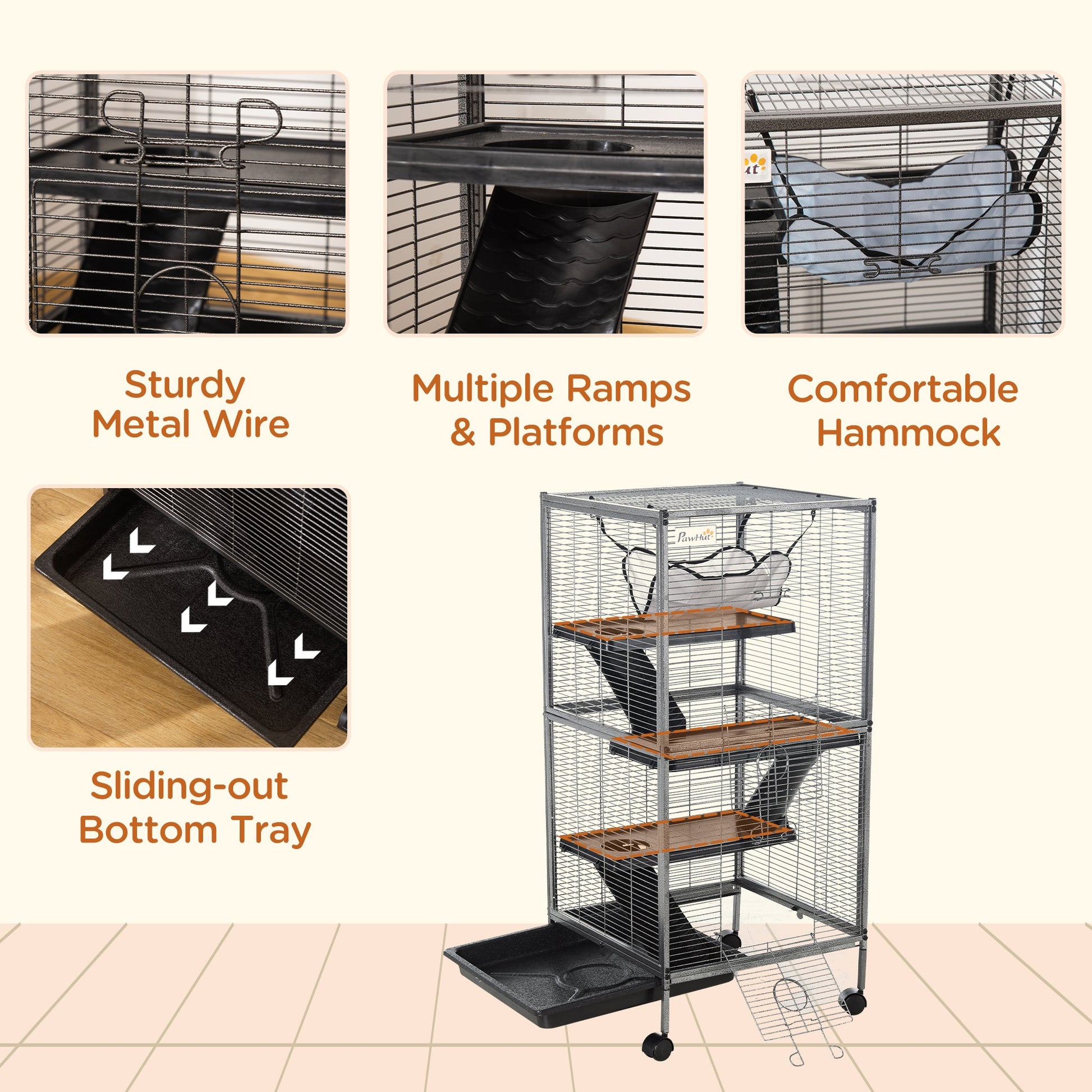 KFX-6087997 Spacious Rolling Small Animal Cage with Multiple Tiers and Hammocks