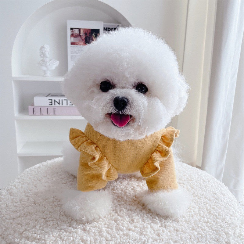 KFX-6090685 Knit Dog Clothes with Small Flying Sleeves - Thick Polyester Material in Blue, Pink, Yellow, Sizes S-XXL