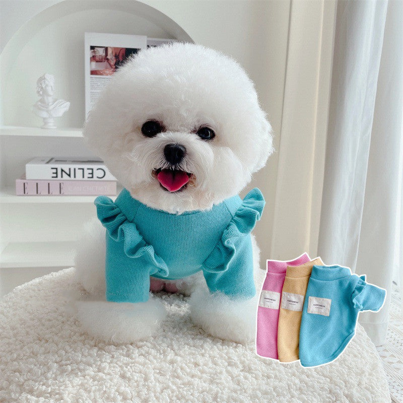 KFX-6090685 Knit Dog Clothes with Small Flying Sleeves - Thick Polyester Material in Blue, Pink, Yellow, Sizes S-XXL