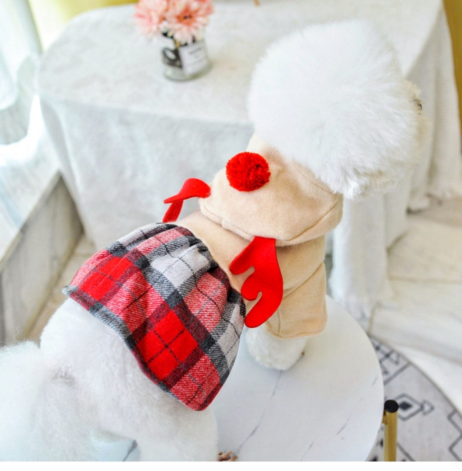 KFX-6092477 Red Check Elk Skirt for Dogs and Cats - Warm Polyester Casual Apparel