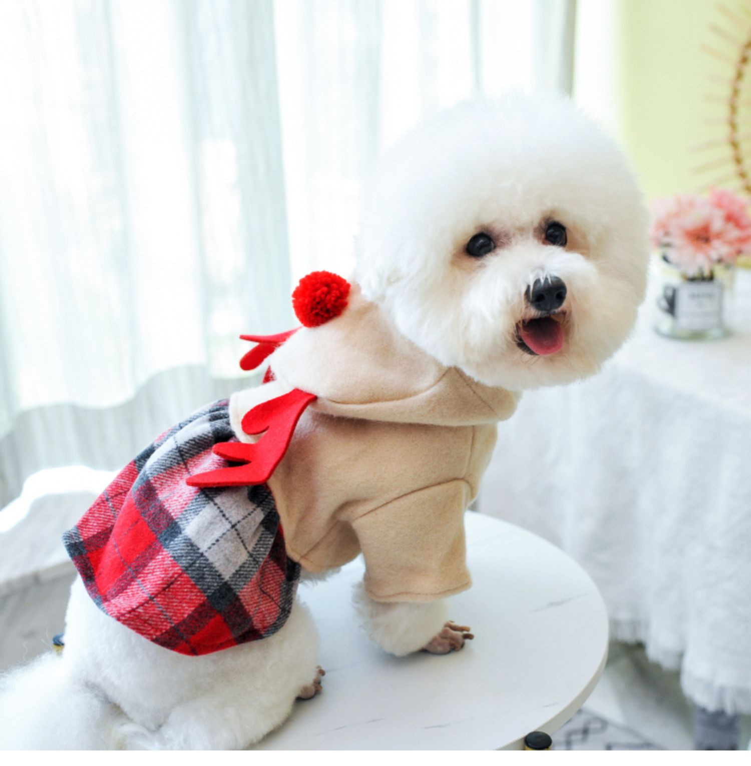 KFX-6092477 Red Check Elk Skirt for Dogs and Cats - Warm Polyester Casual Apparel