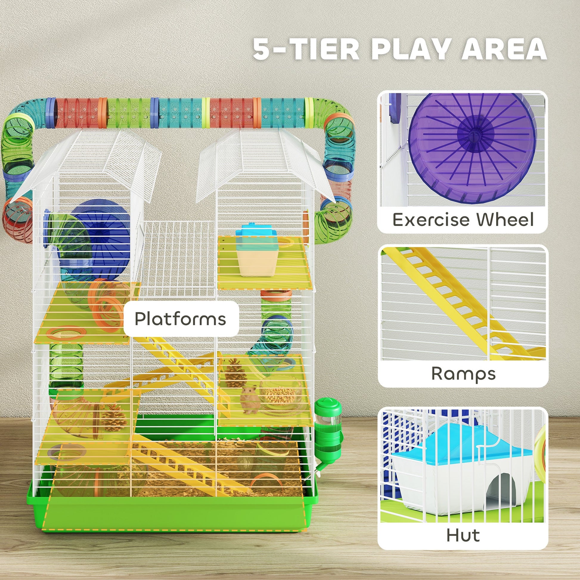 KFX-6093757 5-Tier Small Animal Cage with Tubes, Ramps, Wheel, Water Bottle, and Dish - Ideal for Hamsters and Gerbils