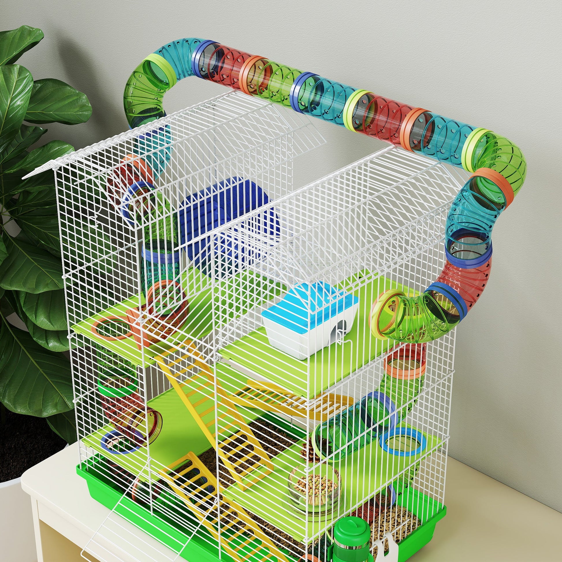 KFX-6093757 5-Tier Small Animal Cage with Tubes, Ramps, Wheel, Water Bottle, and Dish - Ideal for Hamsters and Gerbils