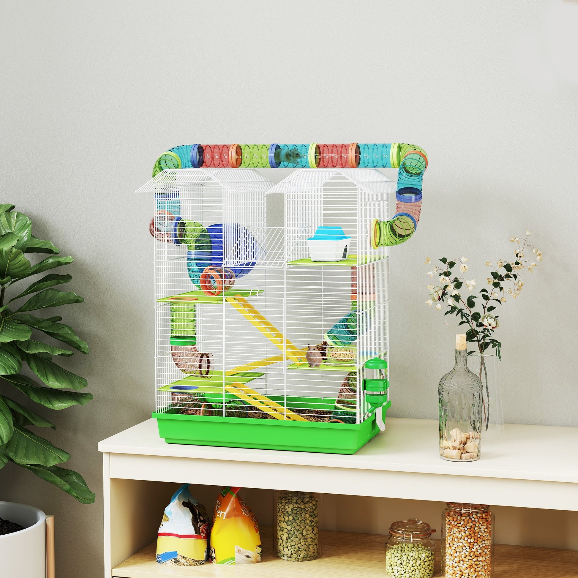 KFX-6093757 5-Tier Small Animal Cage with Tubes, Ramps, Wheel, Water Bottle, and Dish - Ideal for Hamsters and Gerbils