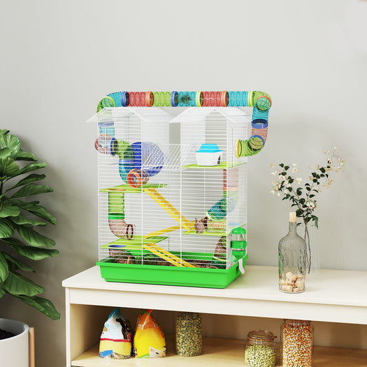 KFX-6093757 5-Tier Small Animal Cage with Tubes, Ramps, Wheel, Water Bottle, and Dish - Ideal for Hamsters and Gerbils