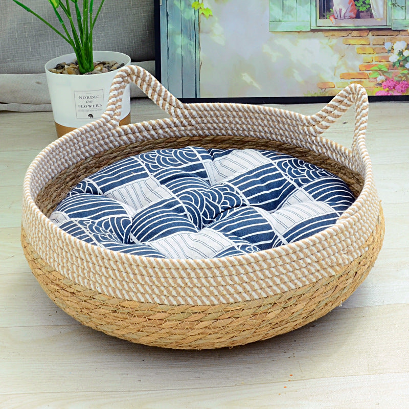 KFX-6094141 Rattan Cat Nest with Cotton Cushion - Various Sizes for Cats and Dogs