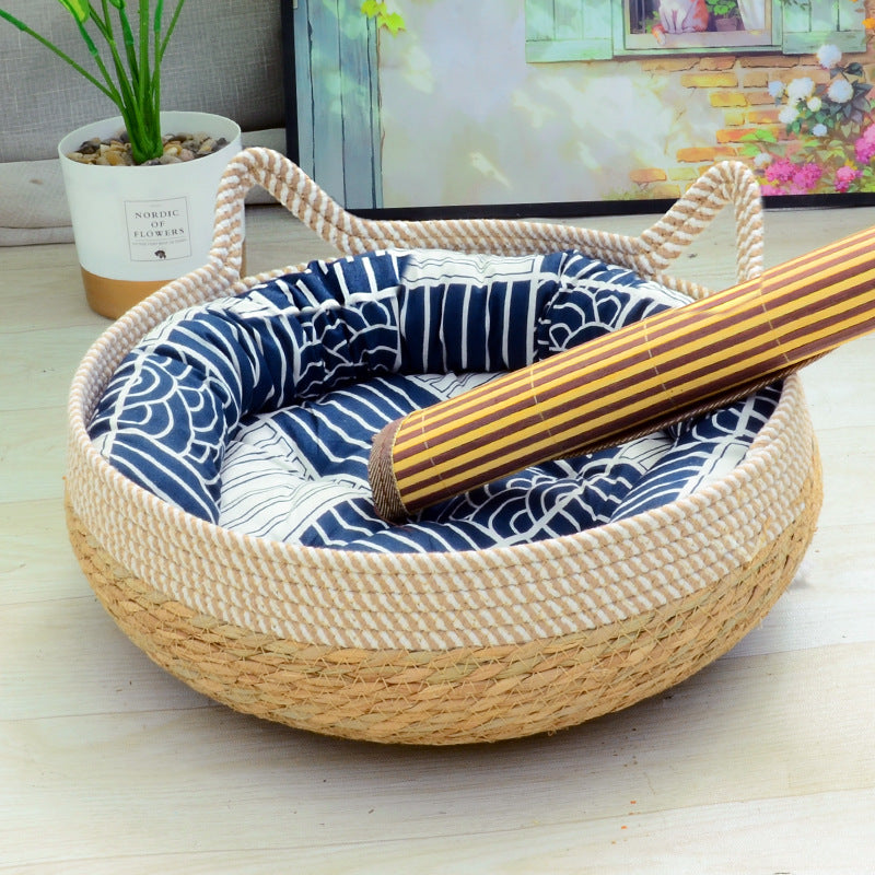 KFX-6094141 Rattan Cat Nest with Cotton Cushion - Various Sizes for Cats and Dogs