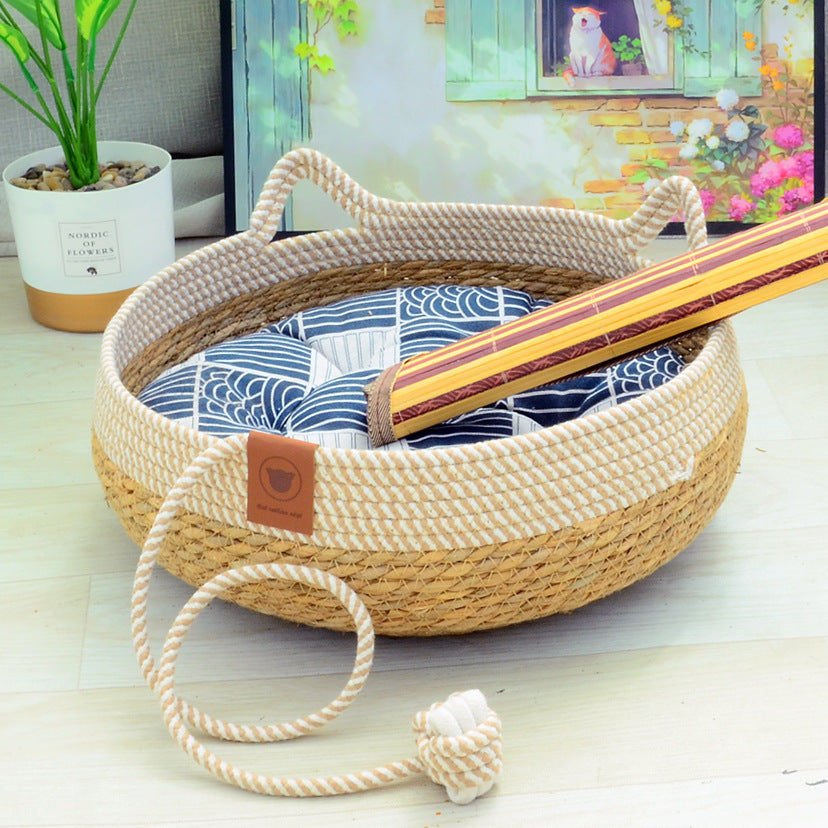 KFX-6094141 Rattan Cat Nest with Cotton Cushion - Various Sizes for Cats and Dogs