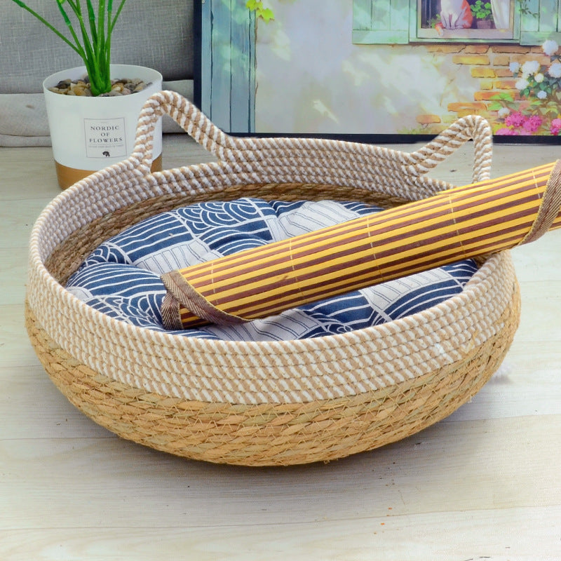 KFX-6094141 Rattan Cat Nest with Cotton Cushion - Various Sizes for Cats and Dogs