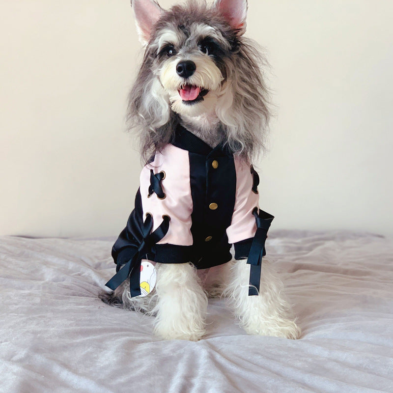 KFX-6096445 Stylish Autumn Dog Jacket in Black and Pink - Satin Baseball Uniform for Cats and Kittens