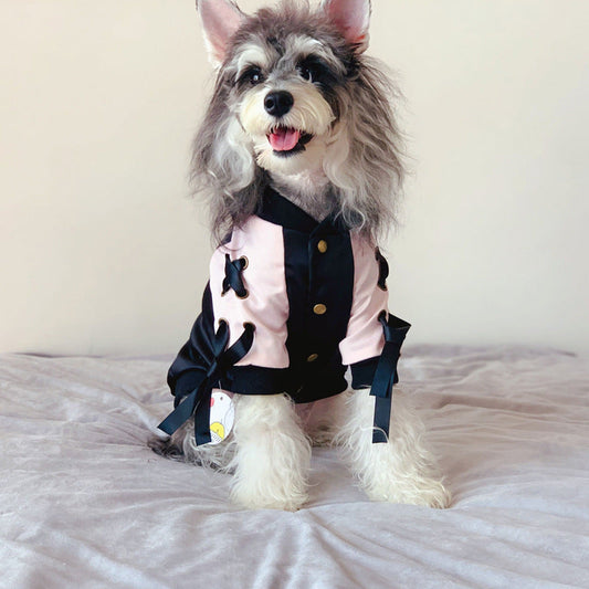 KFX-6096445 Stylish Autumn Dog Jacket in Black and Pink - Satin Baseball Uniform for Cats and Kittens