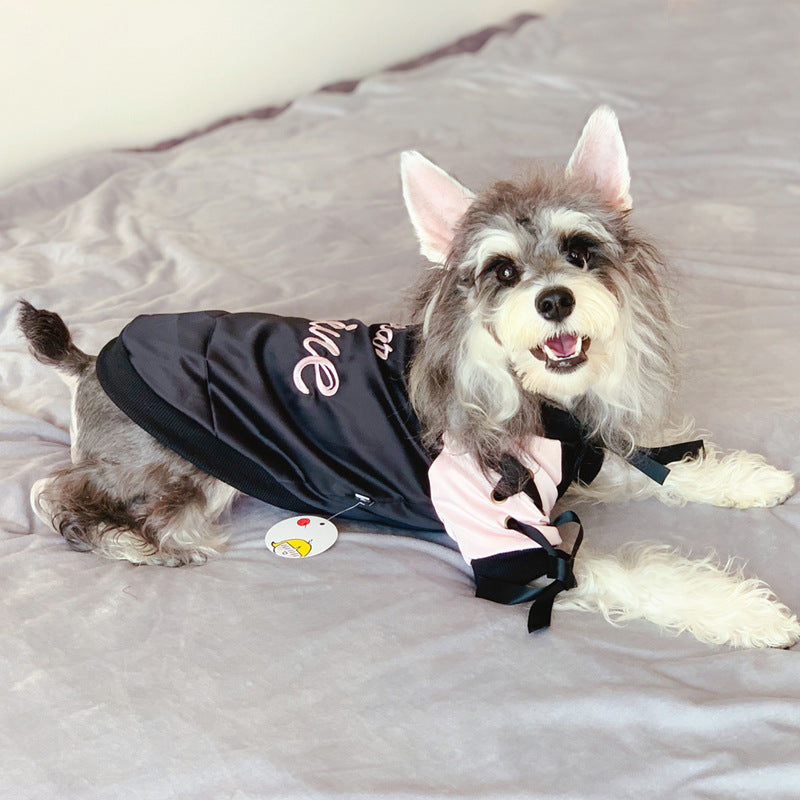 KFX-6096445 Stylish Autumn Dog Jacket in Black and Pink - Satin Baseball Uniform for Cats and Kittens