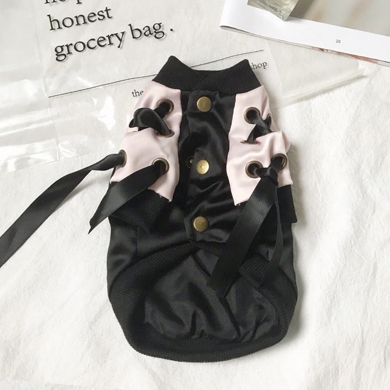 KFX-6096445 Stylish Autumn Dog Jacket in Black and Pink - Satin Baseball Uniform for Cats and Kittens