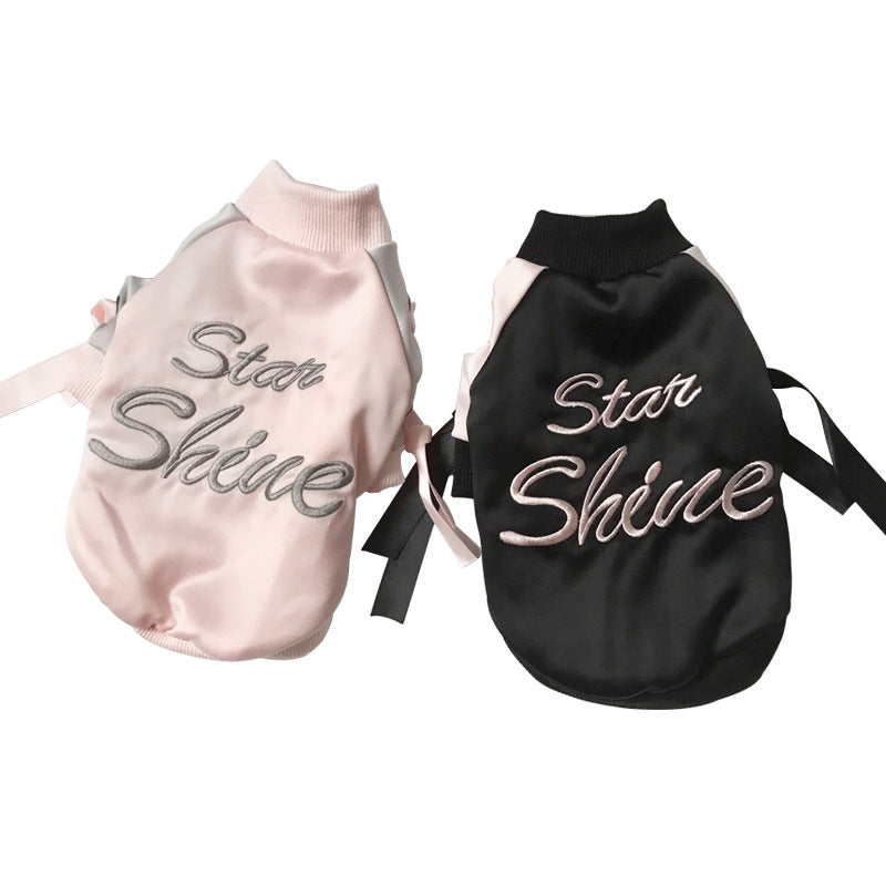 KFX-6096445 Stylish Autumn Dog Jacket in Black and Pink - Satin Baseball Uniform for Cats and Kittens