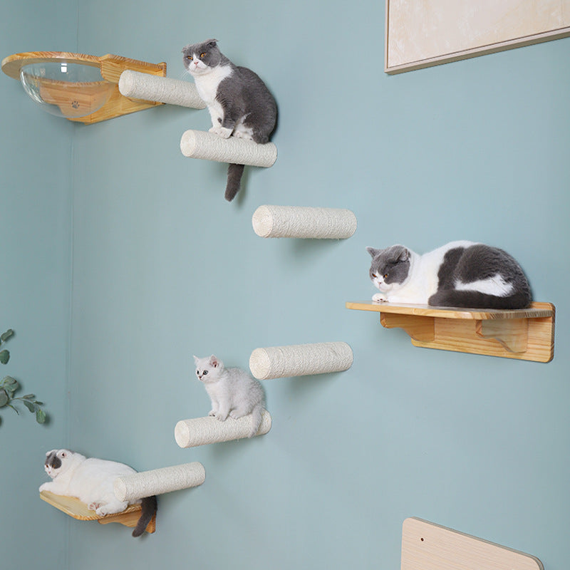 KFX-6099133 Wall-Mounted Solid Wood Cat Rack with Sisal Grab Post in White