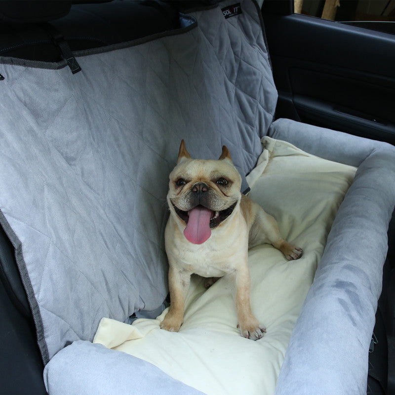 KFX-6107837 Double-Decker Pet Car Cushion with Waterproof Backing in Coconut Color and Light Gray Suede