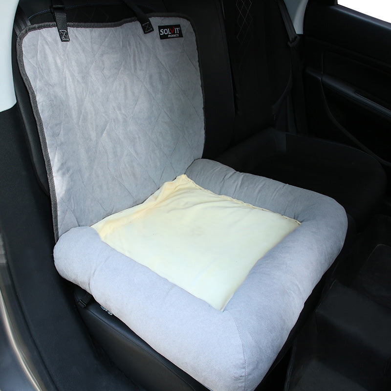 KFX-6107837 Double-Decker Pet Car Cushion with Waterproof Backing in Coconut Color and Light Gray Suede