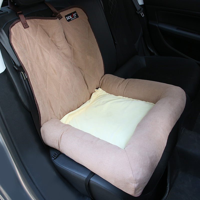 KFX-6107837 Double-Decker Pet Car Cushion with Waterproof Backing in Coconut Color and Light Gray Suede