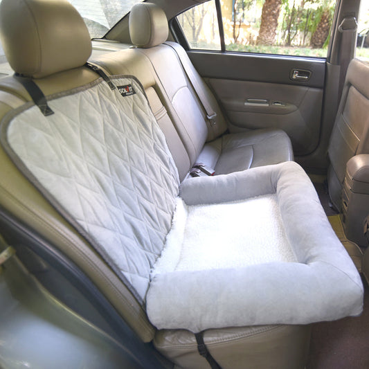 KFX-6107837 Double-Decker Pet Car Cushion with Waterproof Backing in Coconut Color and Light Gray Suede