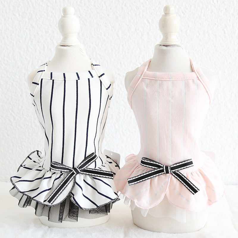 KFX-6109757 Striped Cotton Dress for Dogs – Spring/Summer Fashion with Bow Tie Detail