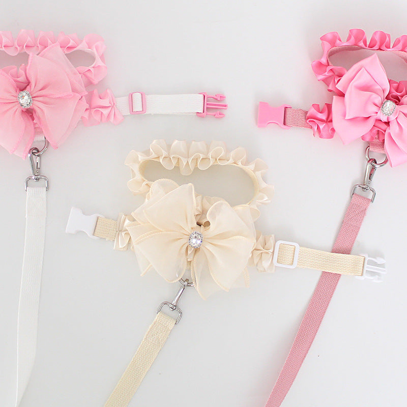 KFX-6110653 Fashionable Milk White Bow Tie Dog Leash and Chest Strap Set