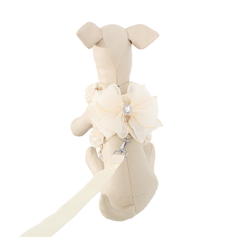 KFX-6110653 Fashionable Milk White Bow Tie Dog Leash and Chest Strap Set