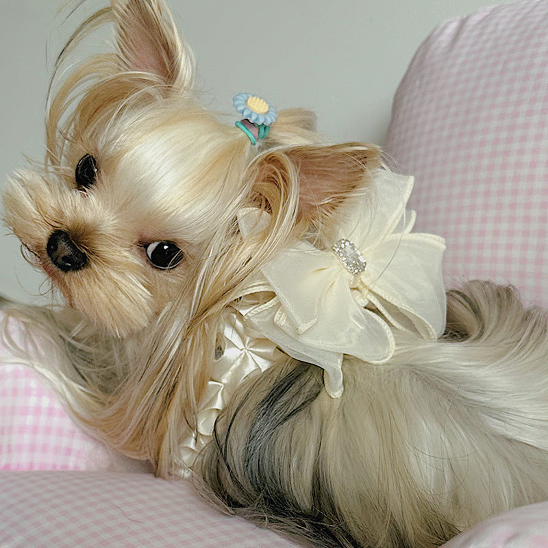 KFX-6110653 Fashionable Milk White Bow Tie Dog Leash and Chest Strap Set