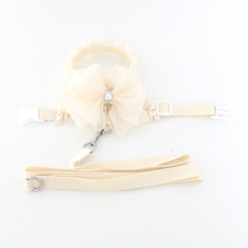 KFX-6110653 Fashionable Milk White Bow Tie Dog Leash and Chest Strap Set