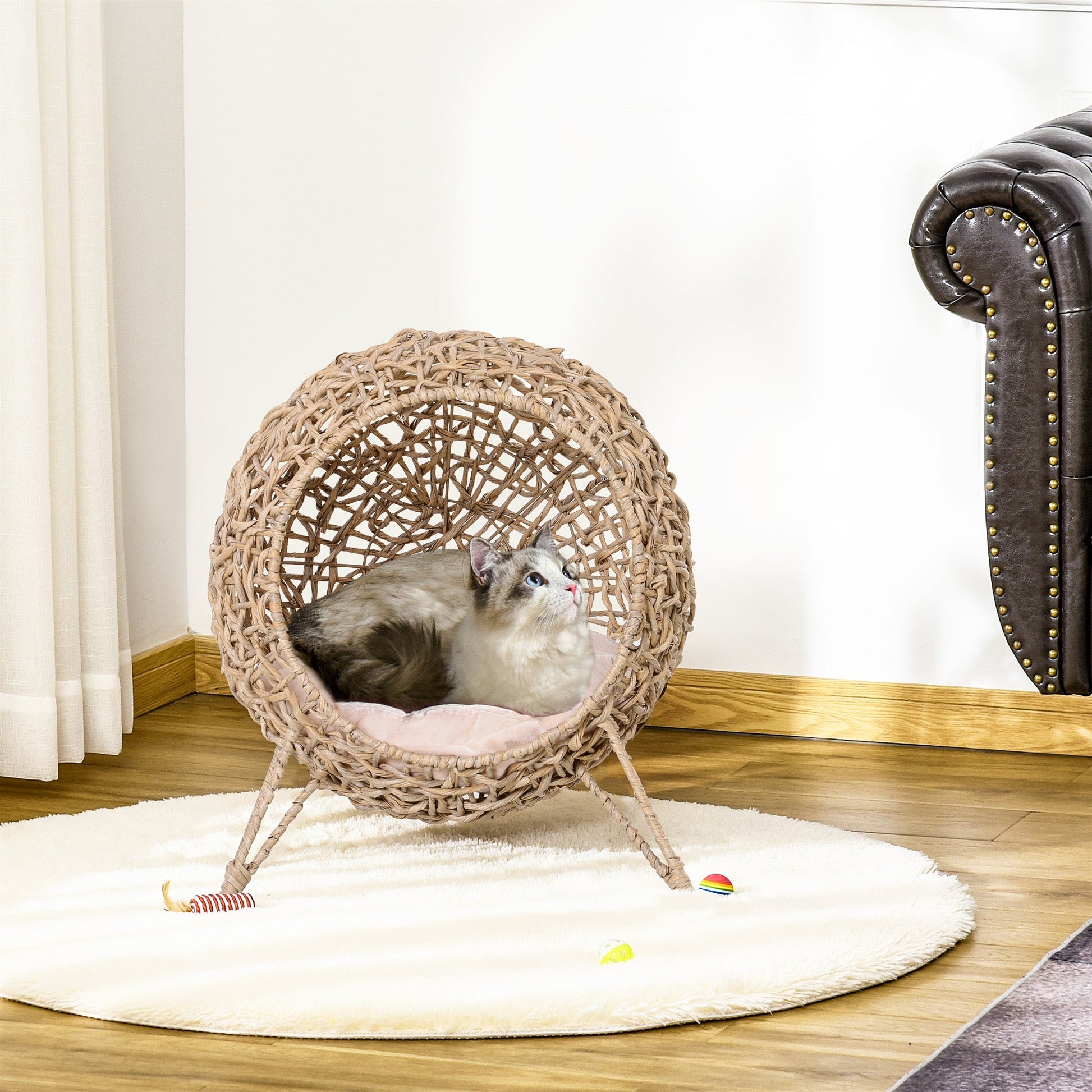 KFX-6115773 Woven Rattan Cat Bed with Cushion and Elevated Design for Cats Up to 11 lbs