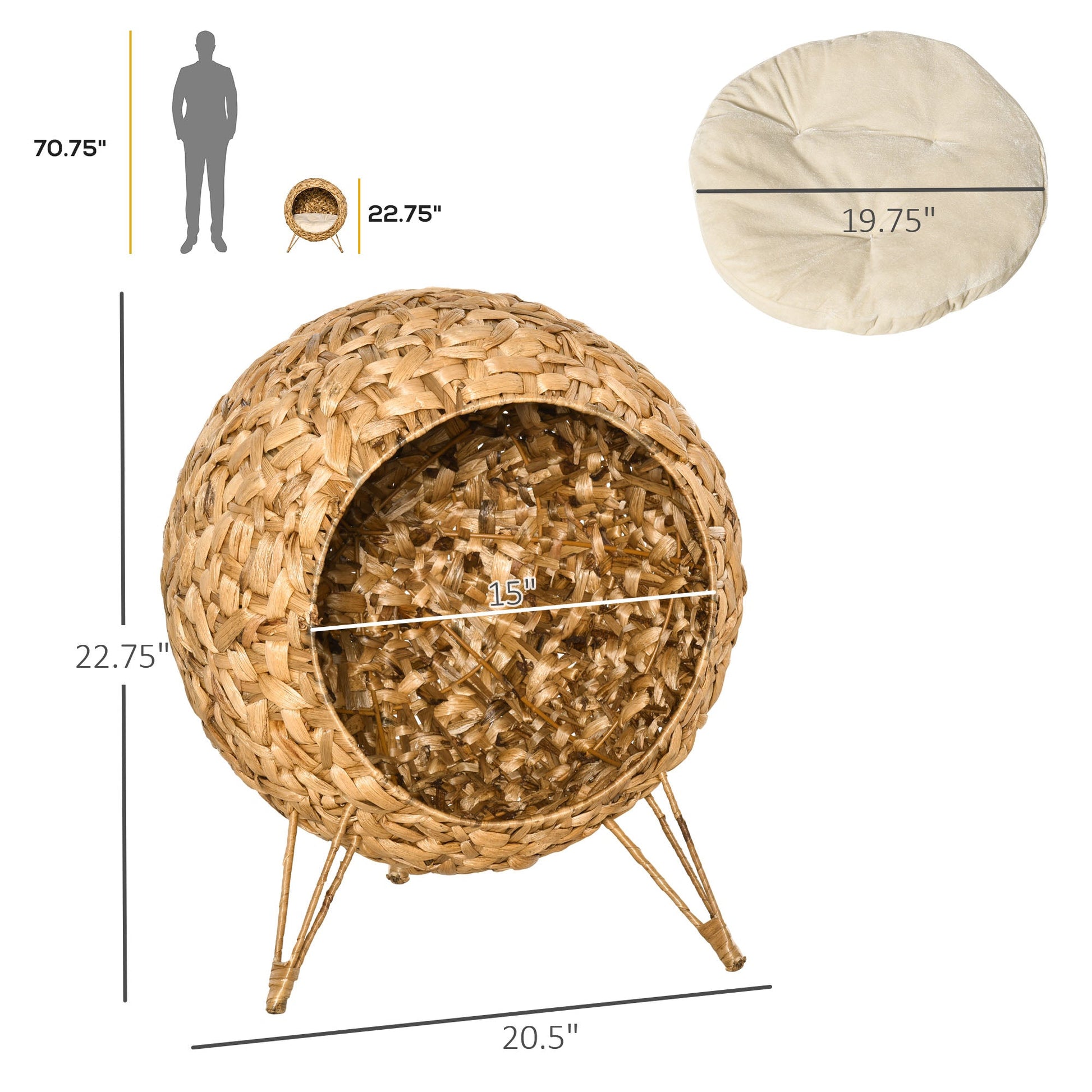 KFX-6115773 Woven Rattan Cat Bed with Cushion and Elevated Design for Cats Up to 11 lbs