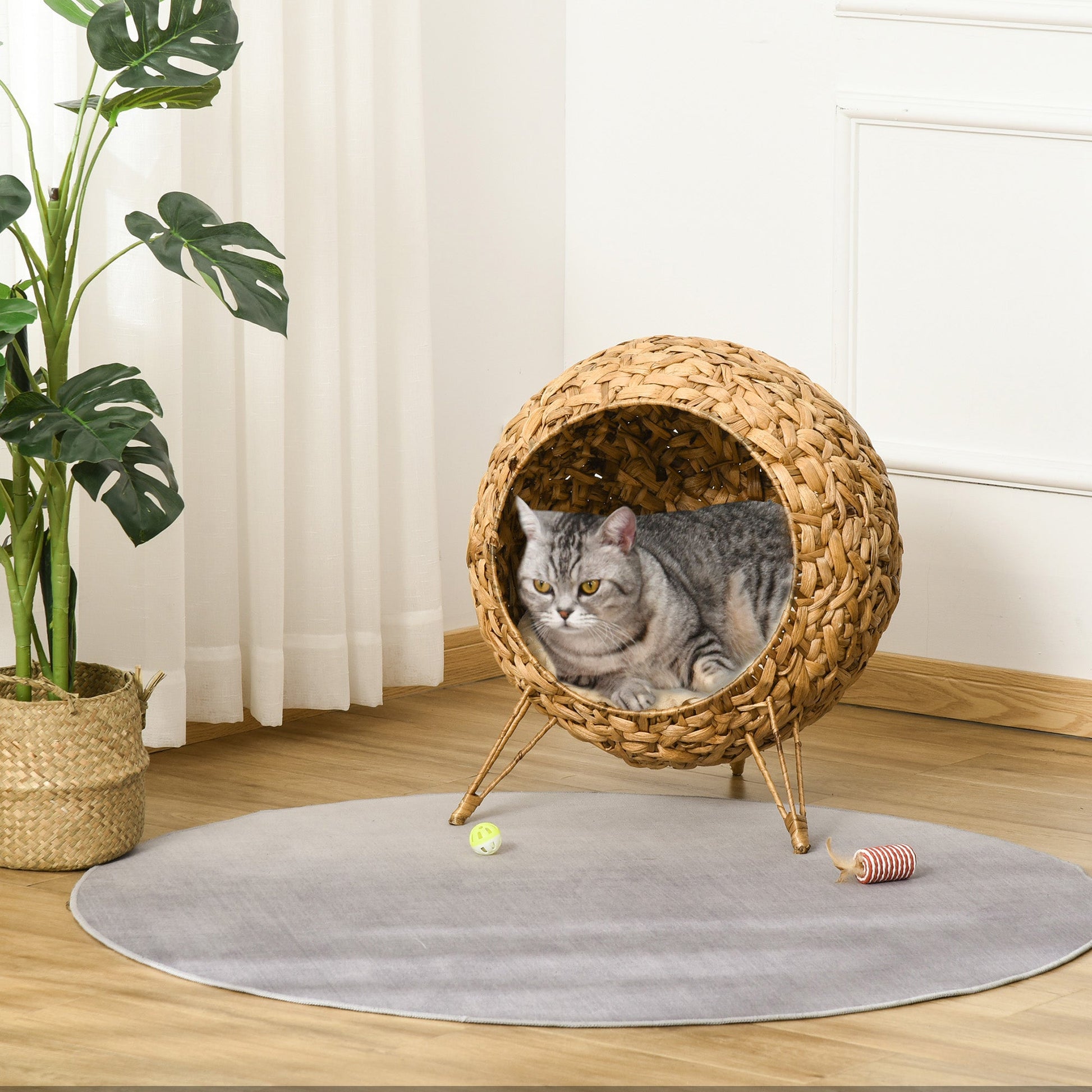 KFX-6115773 Woven Rattan Cat Bed with Cushion and Elevated Design for Cats Up to 11 lbs