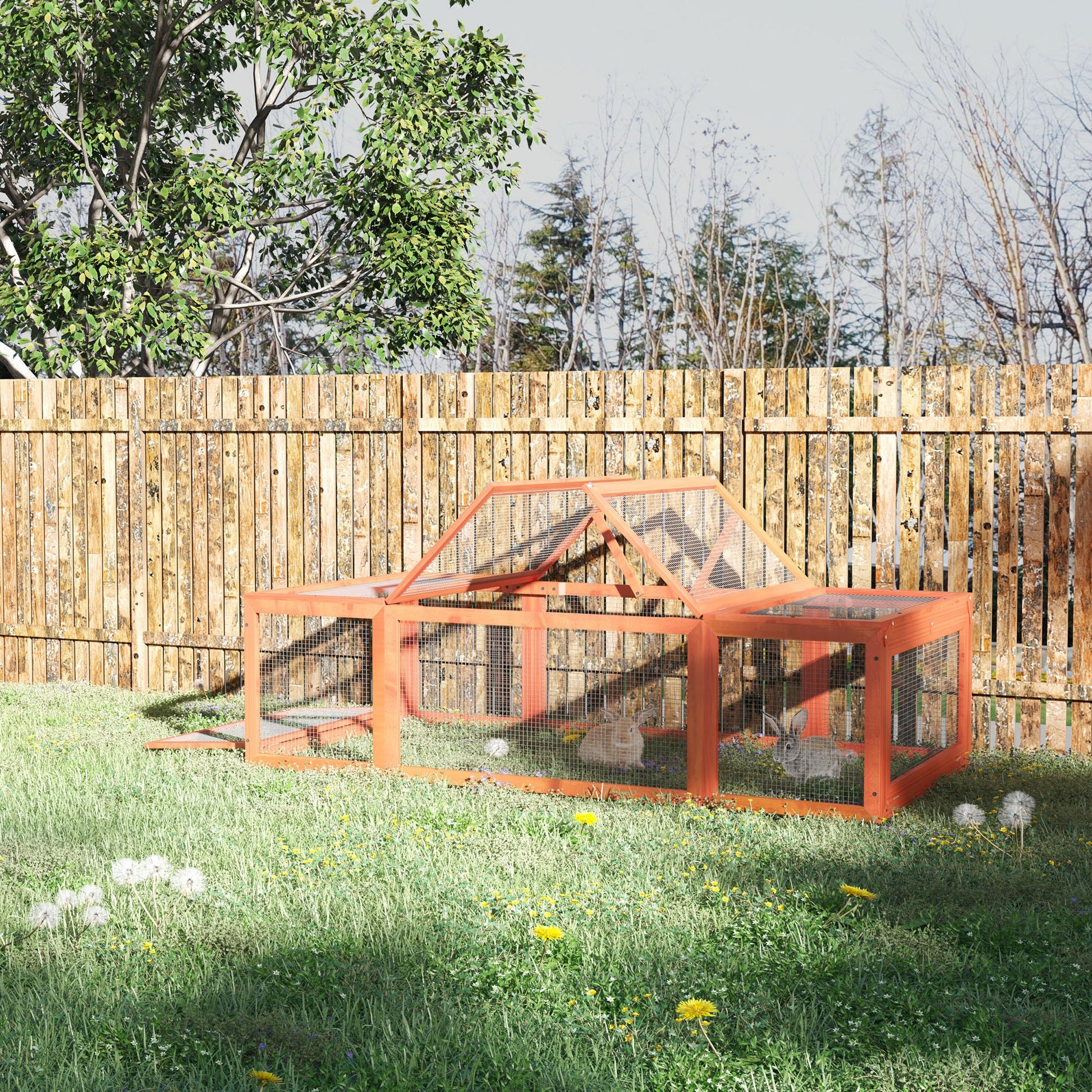 KFX-6120765 Spacious Outdoor Rabbit Hutch with Run, Lockable Doors, and Natural Wood Construction