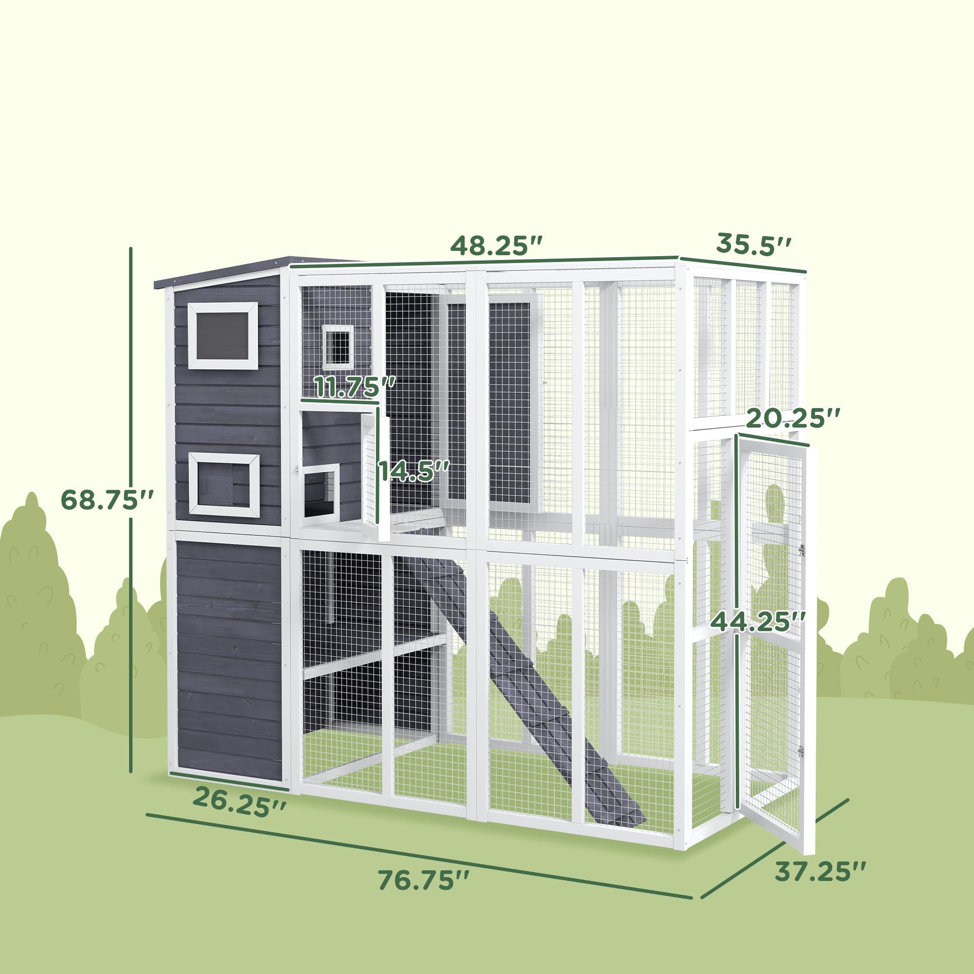 KFX-6126909 Luxury Light Gray Wooden Outdoor Cat Catio with 4 Stories, Ramps, and Windows