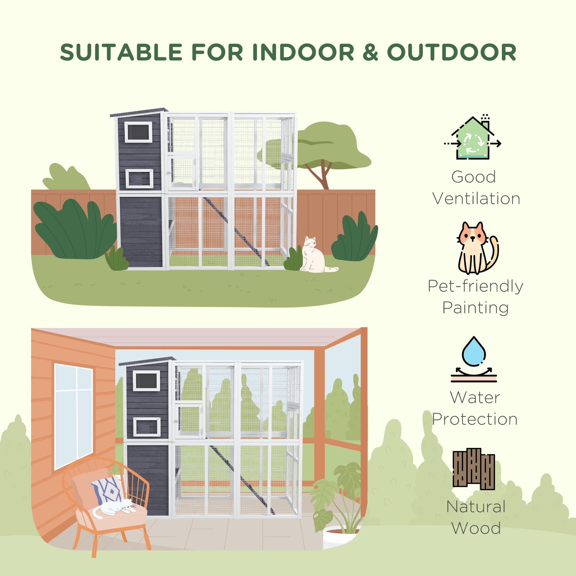 KFX-6126909 Luxury Light Gray Wooden Outdoor Cat Catio with 4 Stories, Ramps, and Windows
