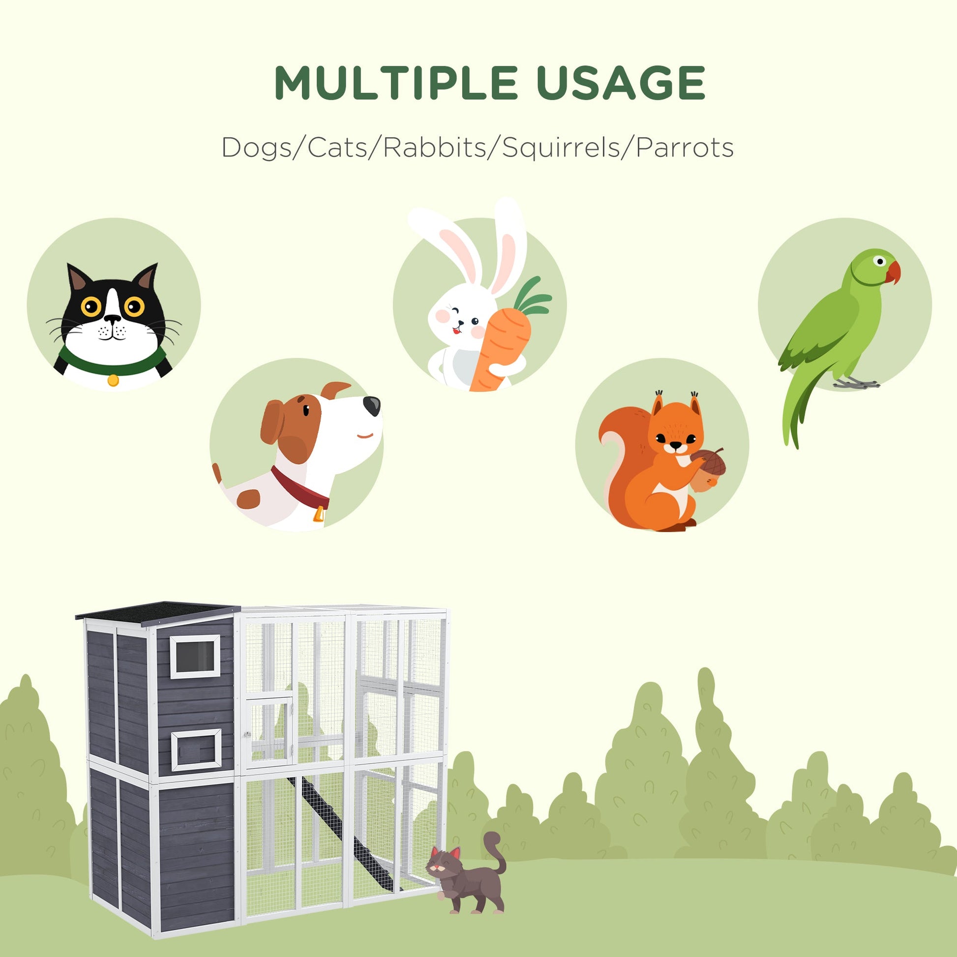 KFX-6126909 Luxury Light Gray Wooden Outdoor Cat Catio with 4 Stories, Ramps, and Windows