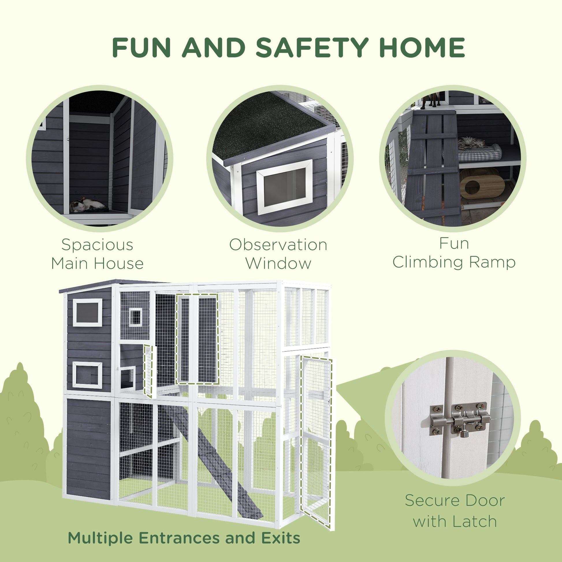 KFX-6126909 Luxury Light Gray Wooden Outdoor Cat Catio with 4 Stories, Ramps, and Windows