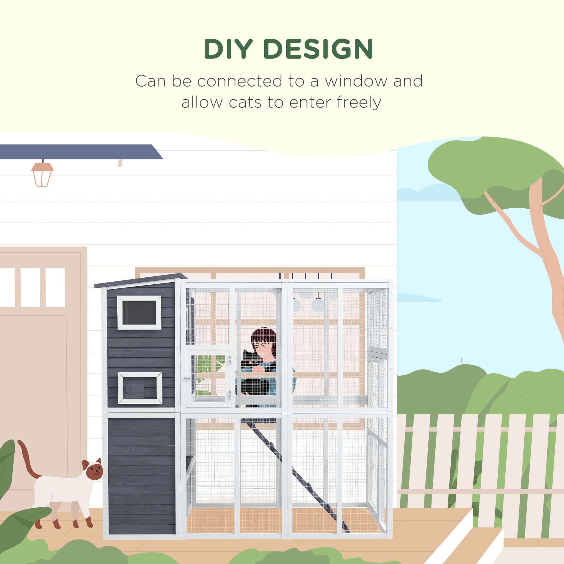 KFX-6126909 Luxury Light Gray Wooden Outdoor Cat Catio with 4 Stories, Ramps, and Windows