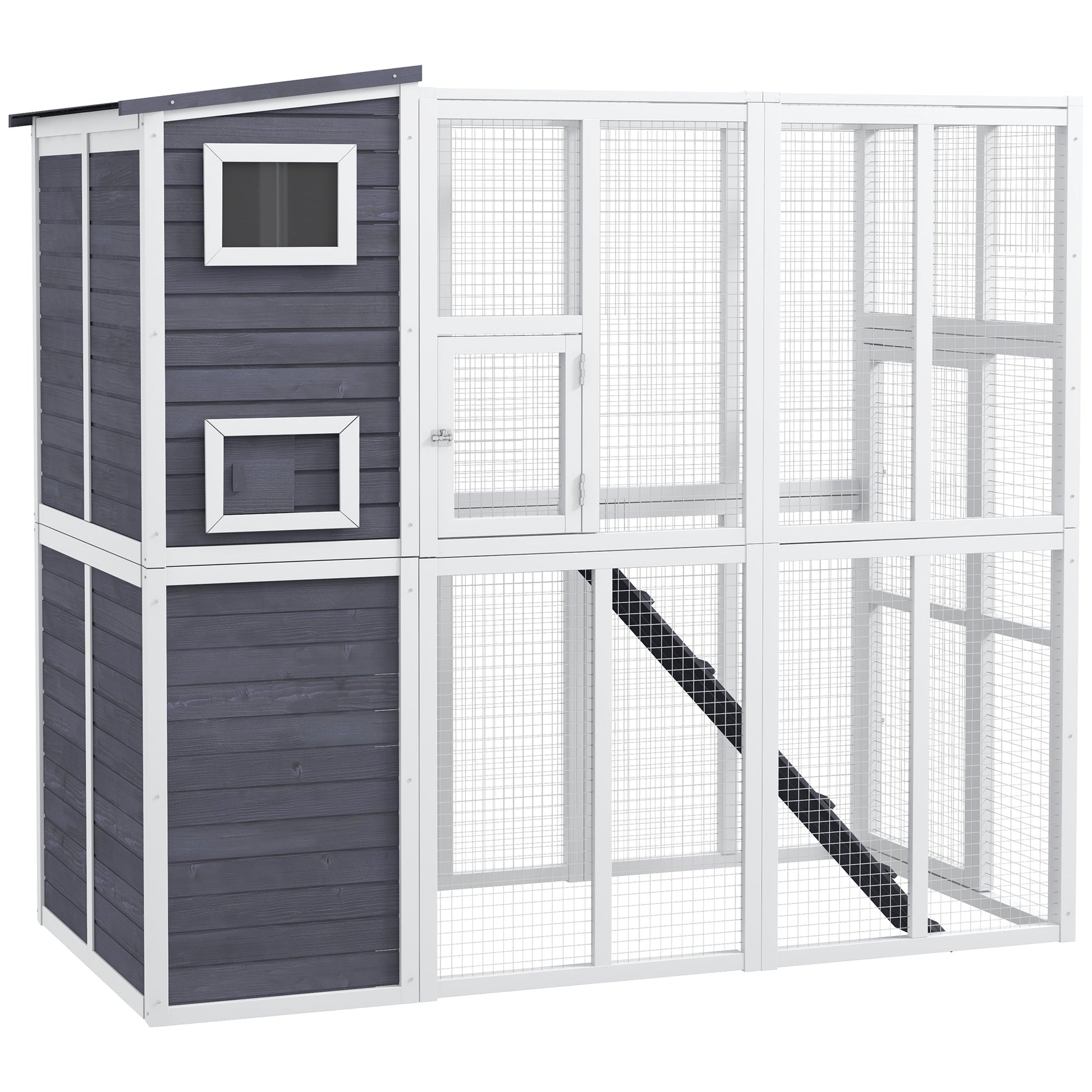 KFX-6126909 Luxury Light Gray Wooden Outdoor Cat Catio with 4 Stories, Ramps, and Windows
