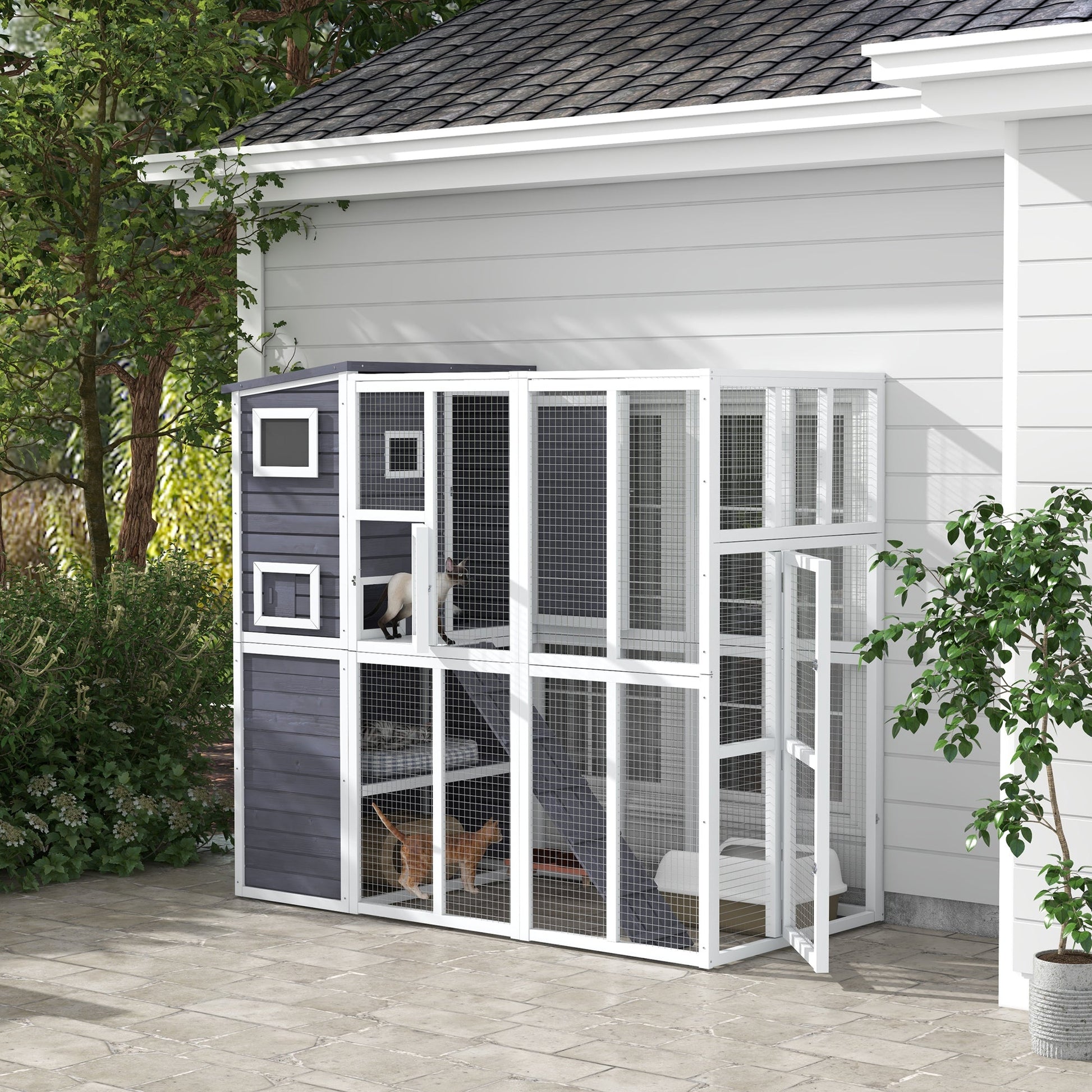 KFX-6126909 Luxury Light Gray Wooden Outdoor Cat Catio with 4 Stories, Ramps, and Windows
