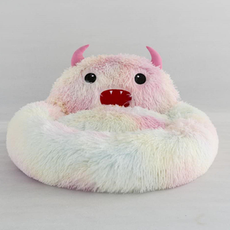 KFX-6132669 Cozy Round Plush Cat Bed with Cartoon Embroidery - Soft Winter Sleeping Mat