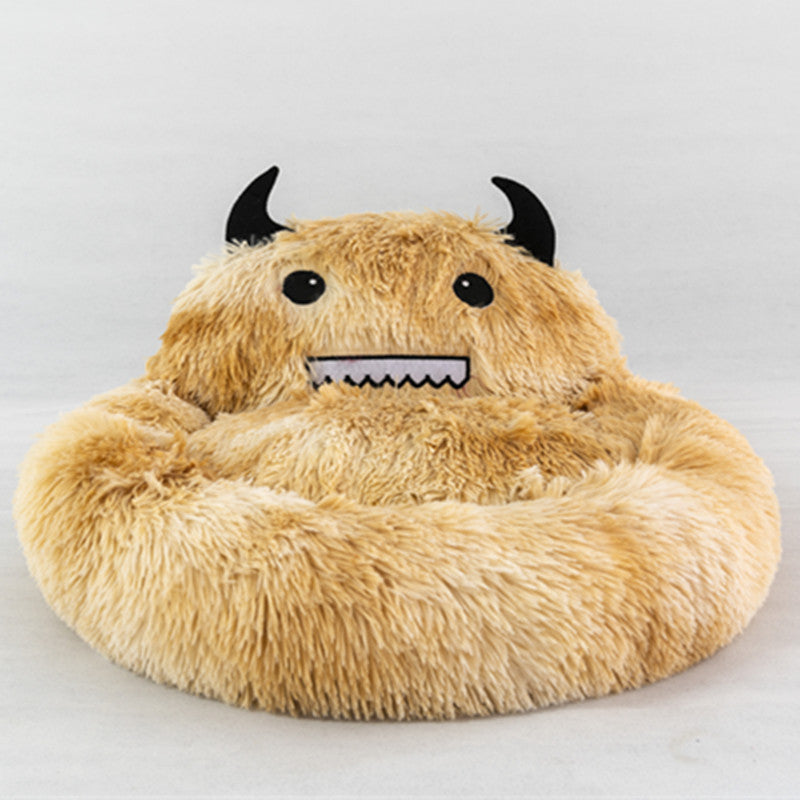 KFX-6132669 Cozy Round Plush Cat Bed with Cartoon Embroidery - Soft Winter Sleeping Mat