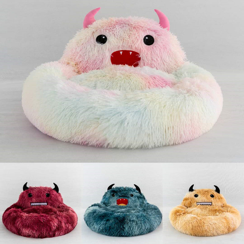 KFX-6132669 Cozy Round Plush Cat Bed with Cartoon Embroidery - Soft Winter Sleeping Mat