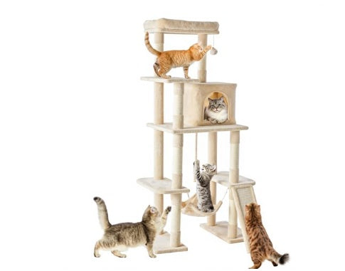 KFX-6134077 Multi-Story Cat Tree Tower with Hammock, Scratching Posts, and Extended Platform for Multiple Cats