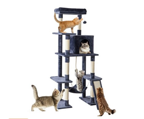 KFX-6134077 Multi-Story Cat Tree Tower with Hammock, Scratching Posts, and Extended Platform for Multiple Cats